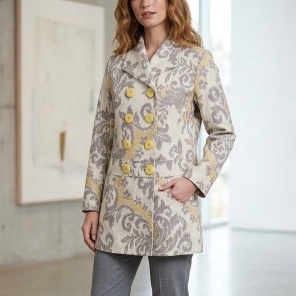 Lotti Amy Cabrera Damask Jacquard Double Breasted Coat Yellow Gray Womens S